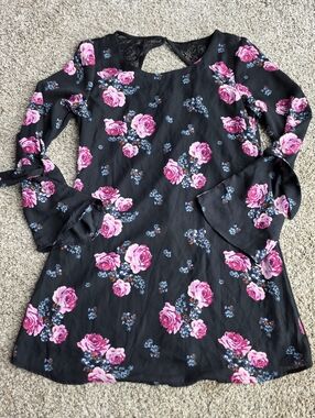 Speechless Black Mini Dress with Pink Floral Print